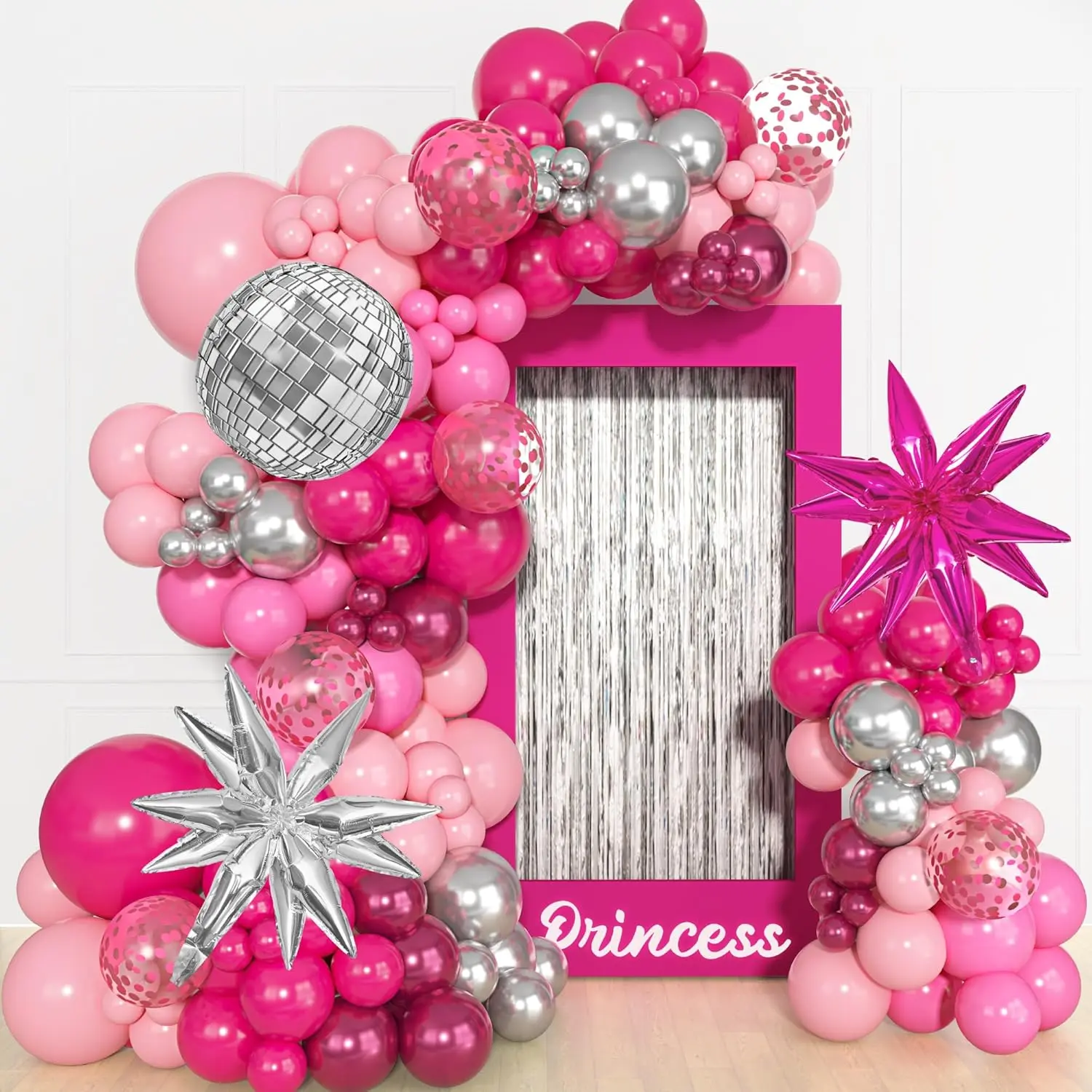145Pcs Princess Pink And Silver Balloon Garland Arch Kit, Hot Pink Confetti 4D Star Disco Ball Crown Balloons For Girls Women Bridal Baby Shower Makeup Bachelorette Birthday Party Decors
