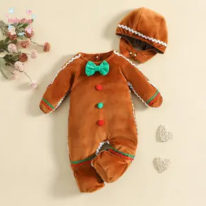 Toddler Baby Gingerbread Man Rompers, Casual Long Sleeve Footed Jumpsuit and Cute Hat for Newborn Girl Boy, Casual Baby Bots Set