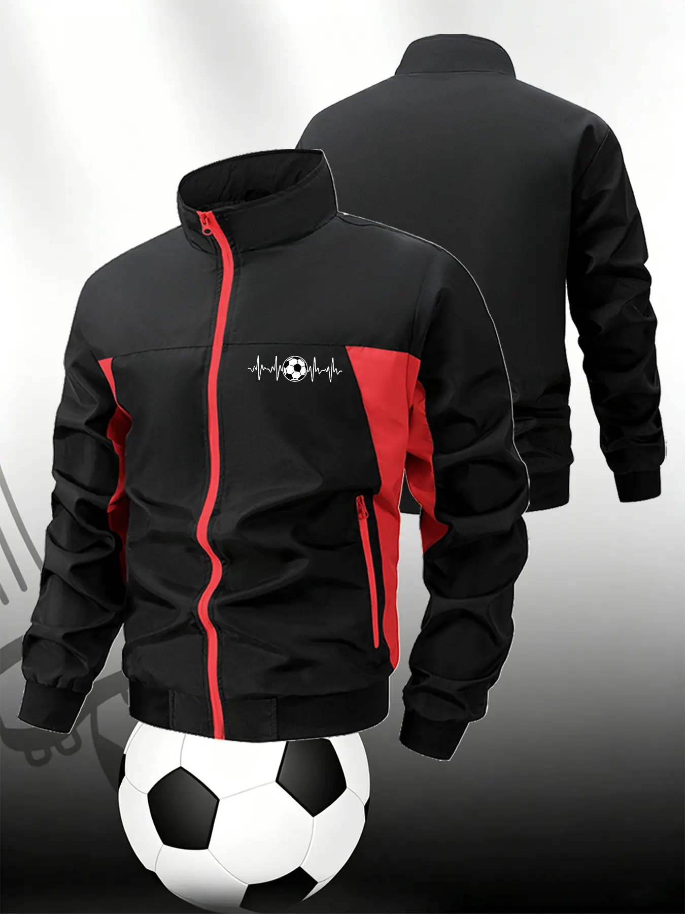 Men Contrast Panel Athletic Track Jacket Soccer Heartbeat Print Long Sleeve Full Zipper Soccer Training Running Outerwear Casual Outdoor Sports Fitness Coat