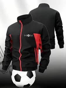 Men Contrast Panel Athletic Track Jacket Soccer Heartbeat Print Long Sleeve Full Zipper Soccer Training Running Outerwear Casual Outdoor Sports Fitness Coat