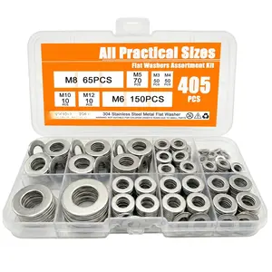 405 count Flat Washers Assortment Kit, Metric 304 Stainless Steel Assorted Set(M3-M12) - Metal Washer with  Practical M6 & M8 Sizes, Small Washers for Screws &