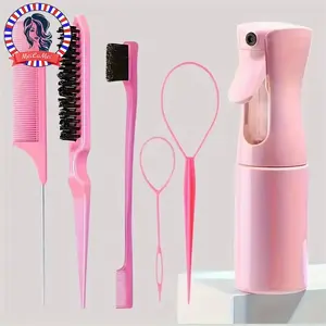 6pcs/Set Hair Brush Set with Hairdressing Spray Bottle, Hair Braiding Loop, Rat Tail Comb & Teasing Brushes for Edge Control and Styling