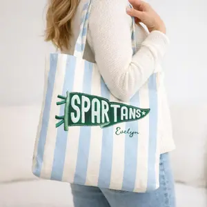 Personalized College Pennant Tote Bag with Name, School Spirit Striped Canvas Tote, Custom College Team Bag, Graduation Gift for Student