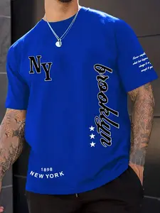 Men's New York Graphic T-Shirt, Royal Blue Brooklyn Design, Round Neck Short Sleeve, Casual Summer Street Style, Tops, Streetwear