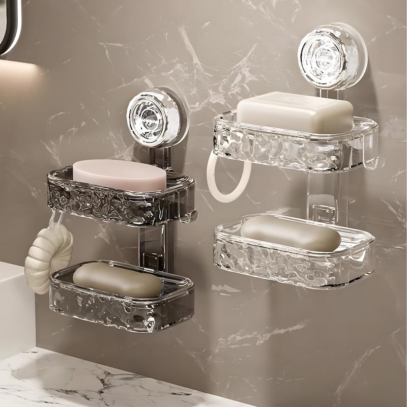 1/2 Layer Wall Mounted Soap Box, Suction Cup Soap Holder, Drill-Free Soap Dish, Bathroom & Kitchen Sink Storage Rack, Plastic & Stainless Steel