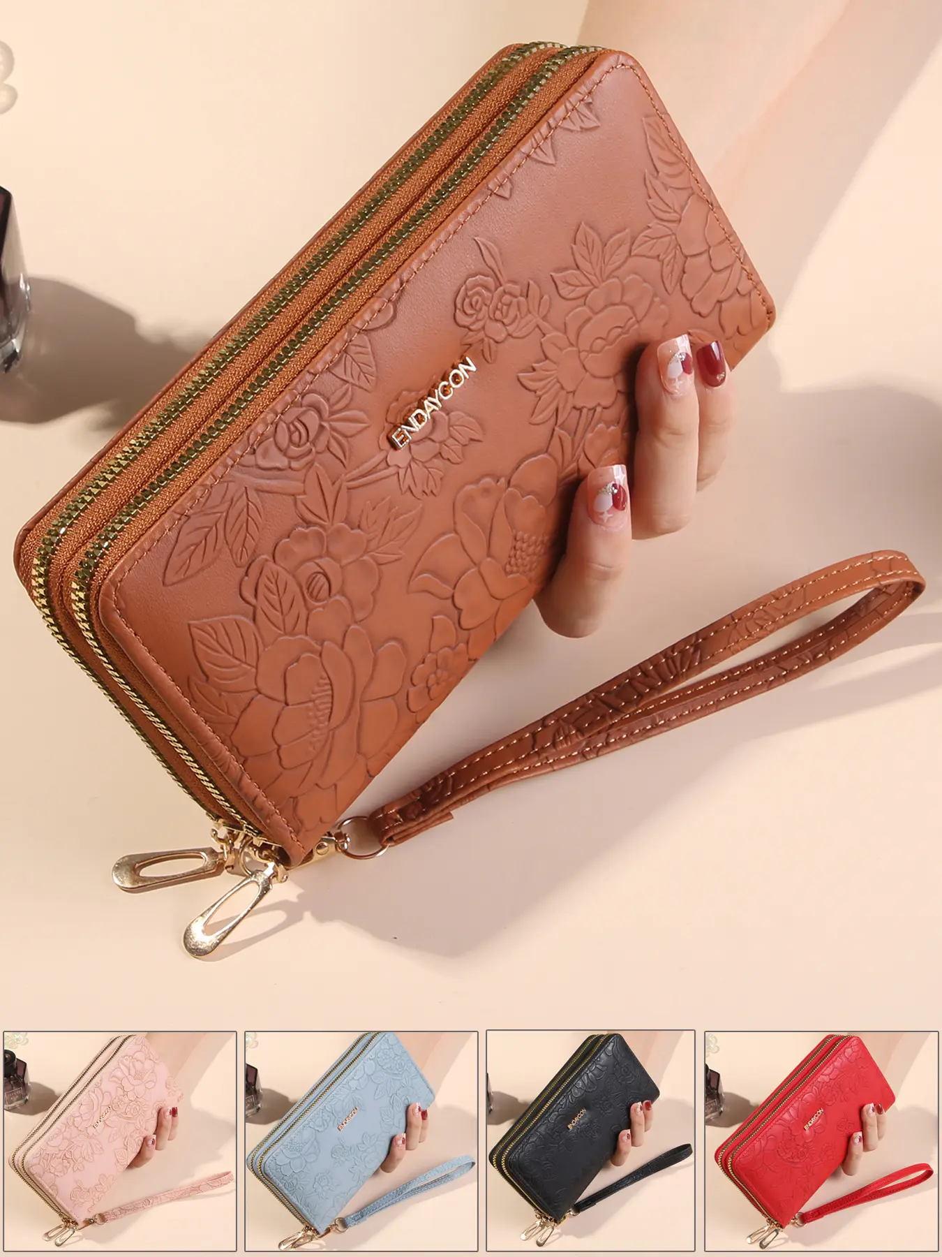 Women's Floral Embossed Zipper Long Wallet, Fashionable Wristlet Clutch Purse, Casual Trendy Versatile High-quality Daily Wallet, Daily Use Purse