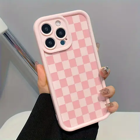 Pink Checkered Patterned Soft TPU Silicone Cell Phone Case - Shockproof, 2D Printed, Raised Edges Camera Protection, Precise Tailored Cut, Non-Slip Snug Carry, for iPhone 17 Pro Max,16,16e,15,14 Plus,13,12 Mini,11,Air,X,XS Mobile Accessories Gift