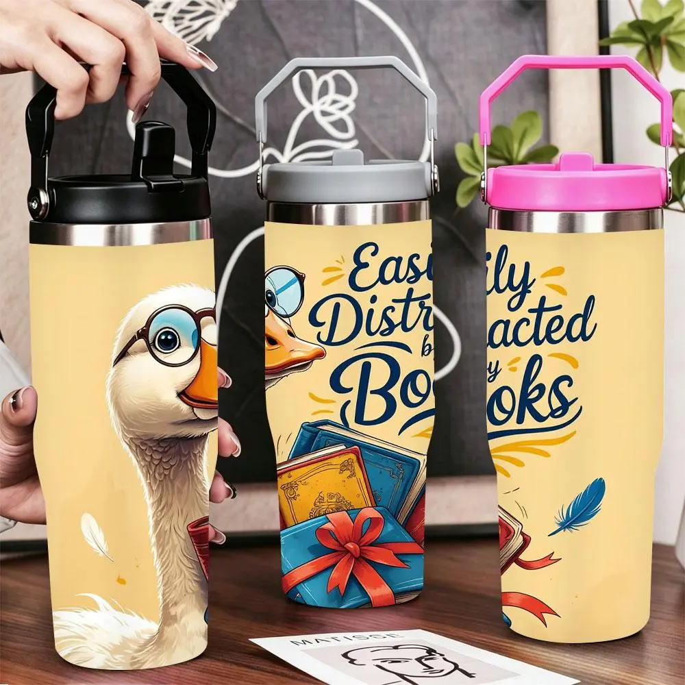 Distracted Goose with Glasses & Book Design Stainless Steel Flask Water Bottle Tumbler, 12oz/20oz/22oz/30oz/40oz Double Wall Vacuum Insulated, Leak-Proof BPA-Free with Lid & Straw for Gym, Office