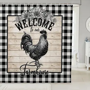 Feelyou Farmhouse Chicken Shower Curtain - Sunflowers Floral Animal Design, Retro Black-White Plaid, Washable Waterproof Cloth Shower Curtains, Bathroom Home Decor Set with Hooks,summervibes