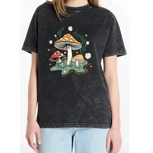 Positive Vibes Graphic Tee with Washed Mushroom and Daisy Print
