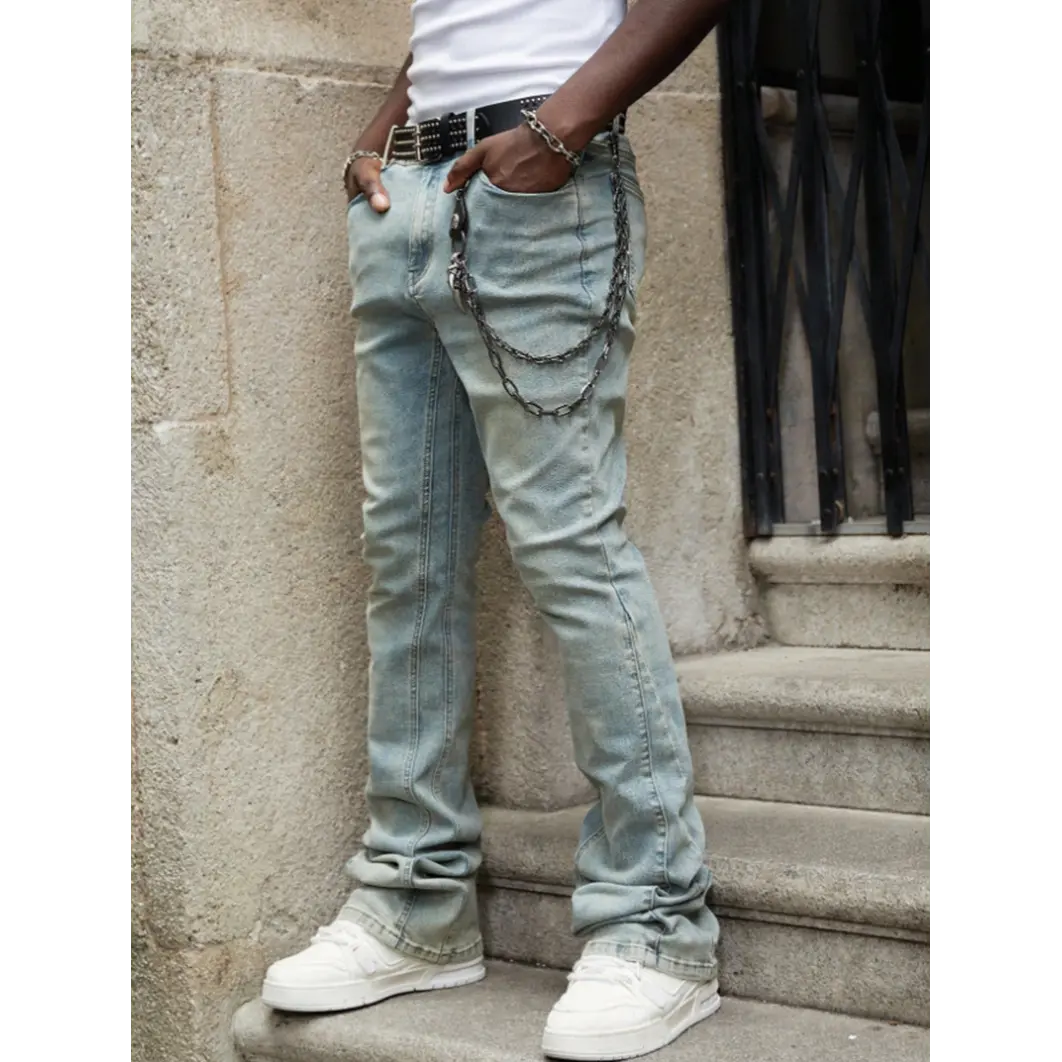 Men's Vintage Light Wash Stacked Denim Jeans - Y2K Rockstar Slim Straight, Sun-Faded Dirty Wash Tapered Pants, Aesthetic Hip Hop Streetwear Essential with Indigo Accents, Sneakers & Shoe Pairing Compatibility, Belt-Friendly Design