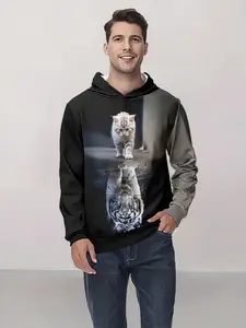Men's 3D Tiger and Kitten Printed Graphic Print Hoodie - Fashion Long Sleeve Pullover, Reflective Animal Design, Black Grey, Essential for Spring and Autumn Casual Wear | Bohemian Hooded Top | Polyester Hooded Sweater