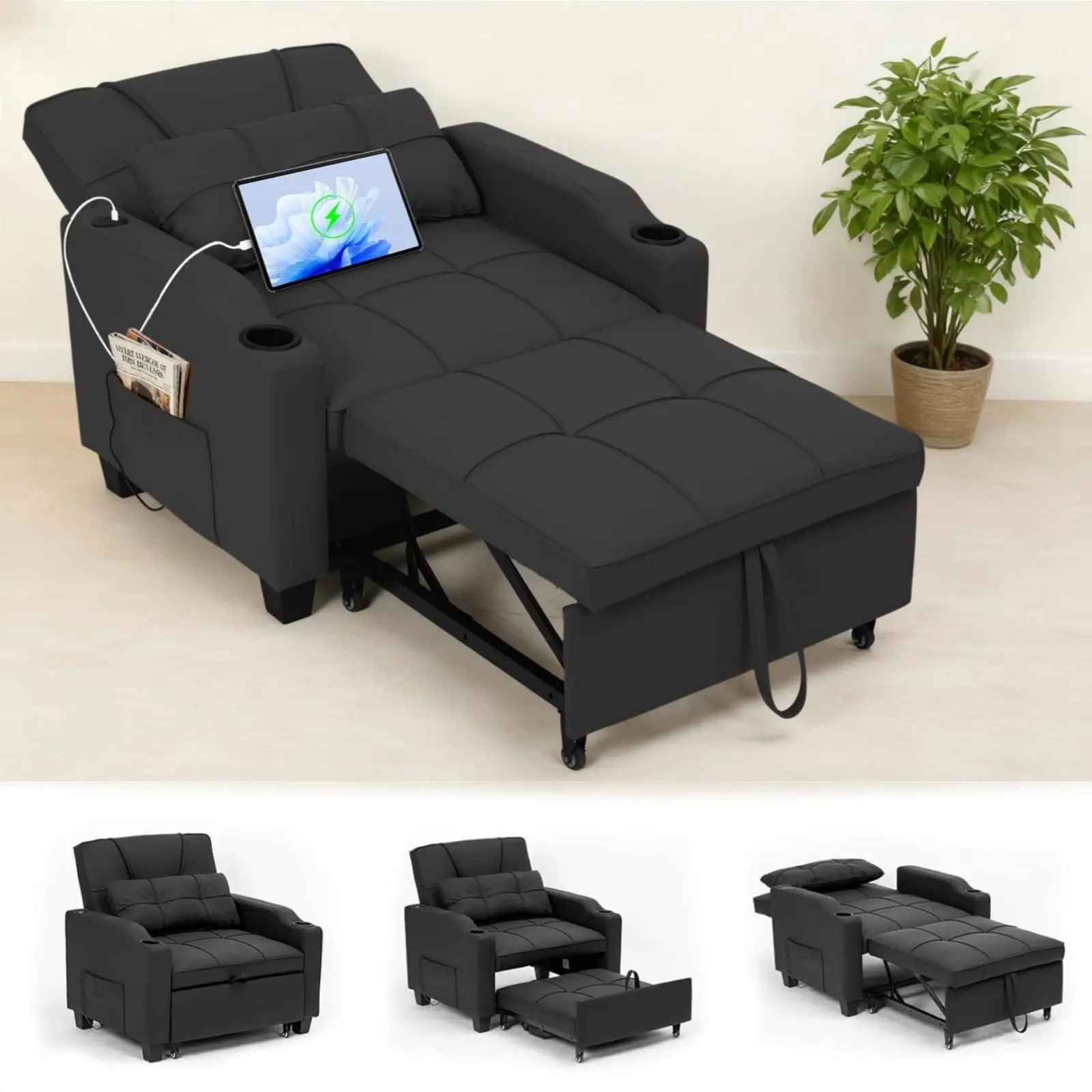Black Durable 4-in-1 Adjustable Sleeper Chair Lazy Chair - Convertible Pull-Out Sleeper Bed, Modern Indoor Furniture with Vibration Massage Pillow, USB/Type-C Port, Cup Holder, Side Pocket for Small Spaces, Movies, Gaming