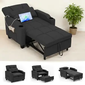 Black Sleeper Chair Pull Out Bed, 4 in 1 Convertible Sofa Chair Bed with Vibration Massage Lumbar Pillow, Single Sofa Recliner with USB/Type-C Port, Cup Holders and Side Pocket for Small Spaces