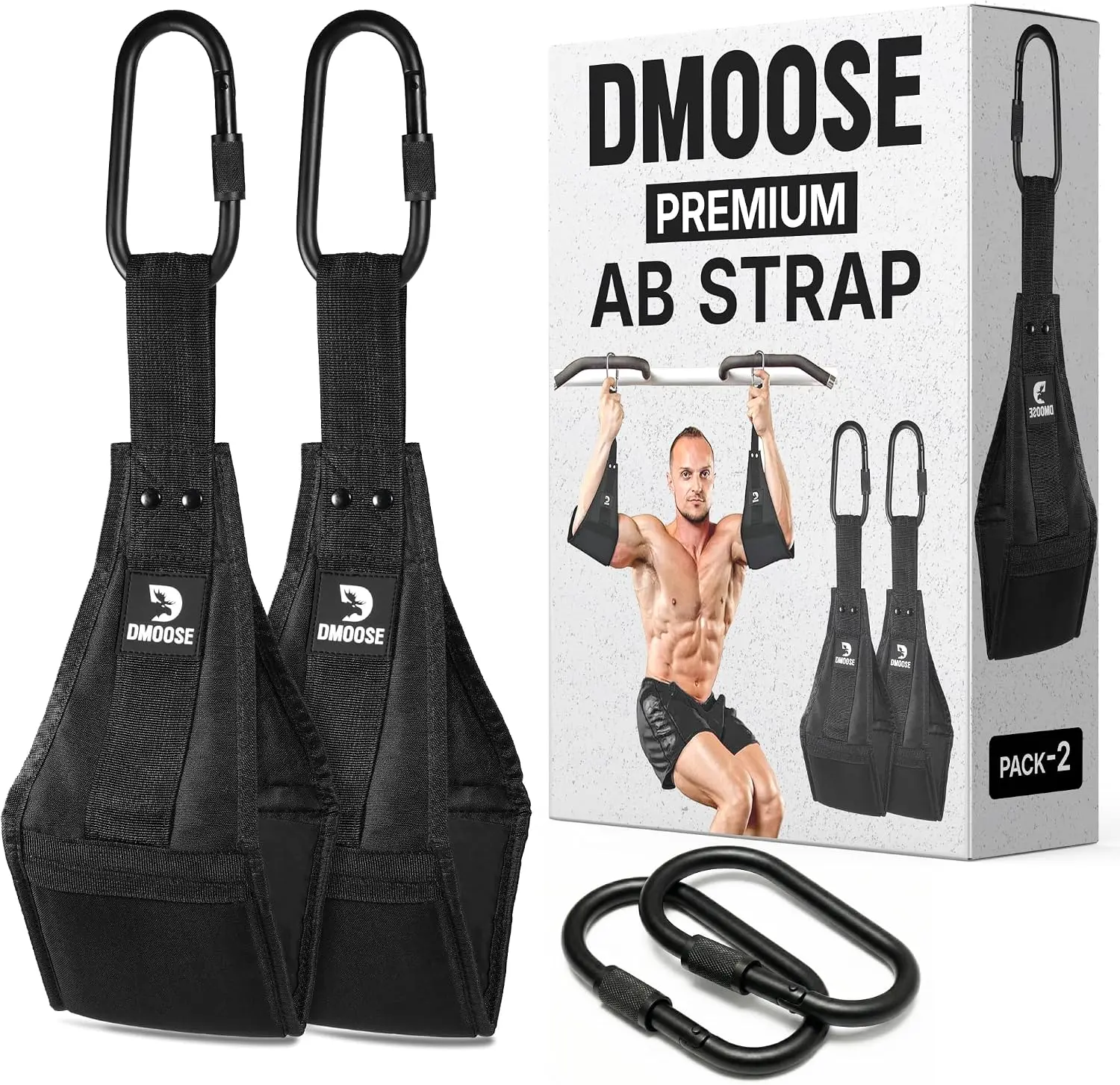 DMoose Premium Hanging Ab Straps - Unisex Abdominal Muscle Trainer, 10MM Padded Lifting Straps, 6.5" Heavy Duty Carabiner Hooks, 400 LBS Capacity, Abs Exercise Equipment for Home Workout & Gym Workout