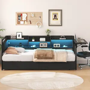 Twin Corner Bed Frame with Desk, 2 Drawers and Storage Bookcase, Metal Platform Bed with Charging Station and LED Lights, Twin Daybed with Upholstered Headboard, for Kids Bedroom, Black