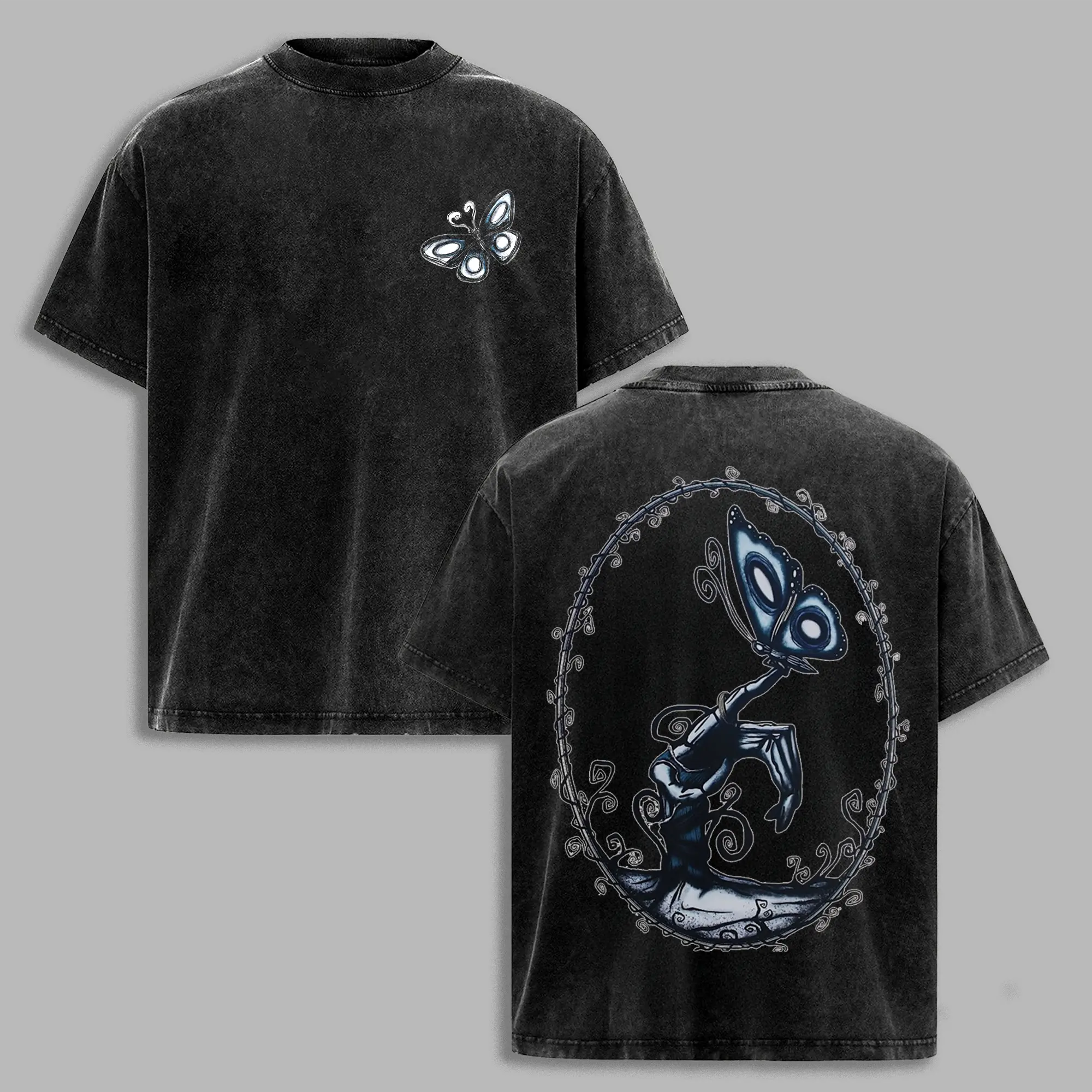 Corpse Bride Inspired Butterfly Hand T-Shirt, Gothic Dark Romance Graphic Tee, Double Sided Halloween Movie Fan Shirt