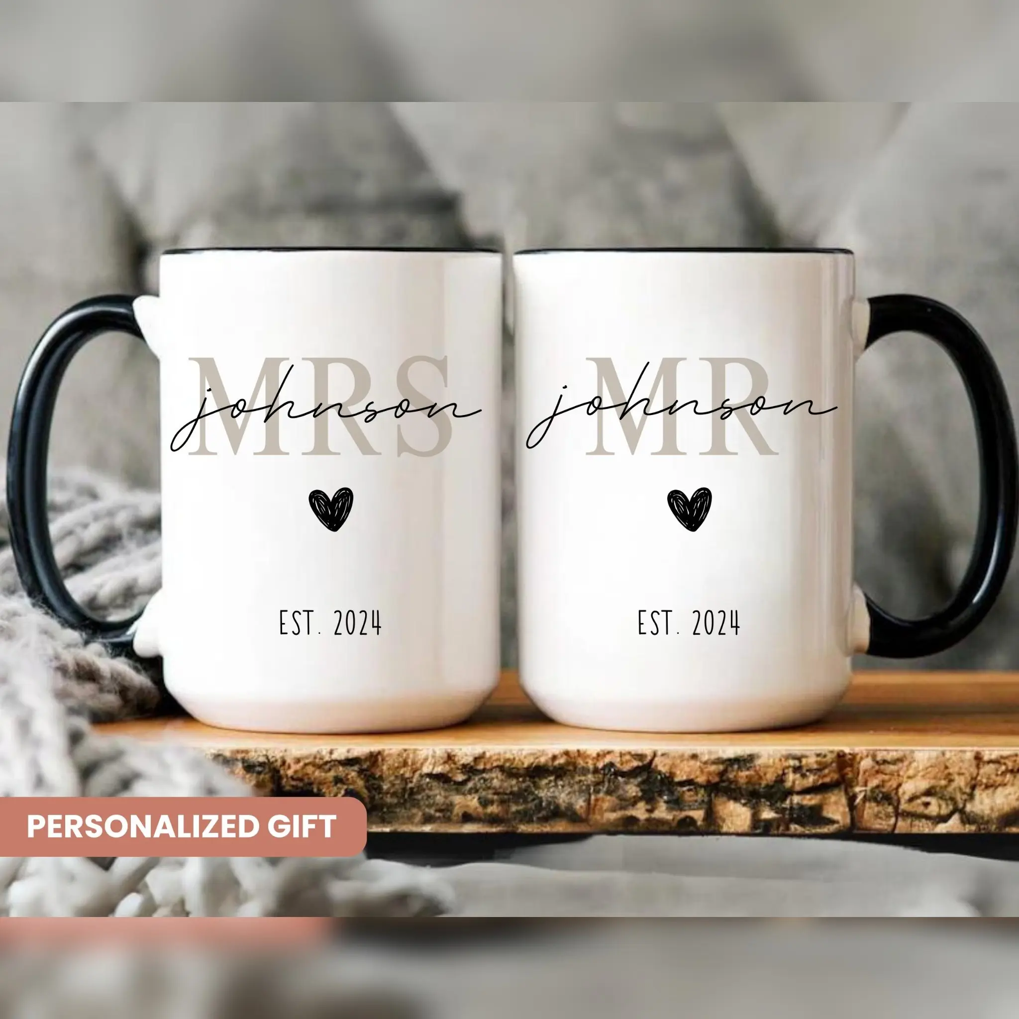 Sturdy Glossy Printed Personalized Mr and Mrs Ceramic Coffee Mugs - Custom Last Name, Year, Couple Tea Cups for Wedding, Anniversary Gifts