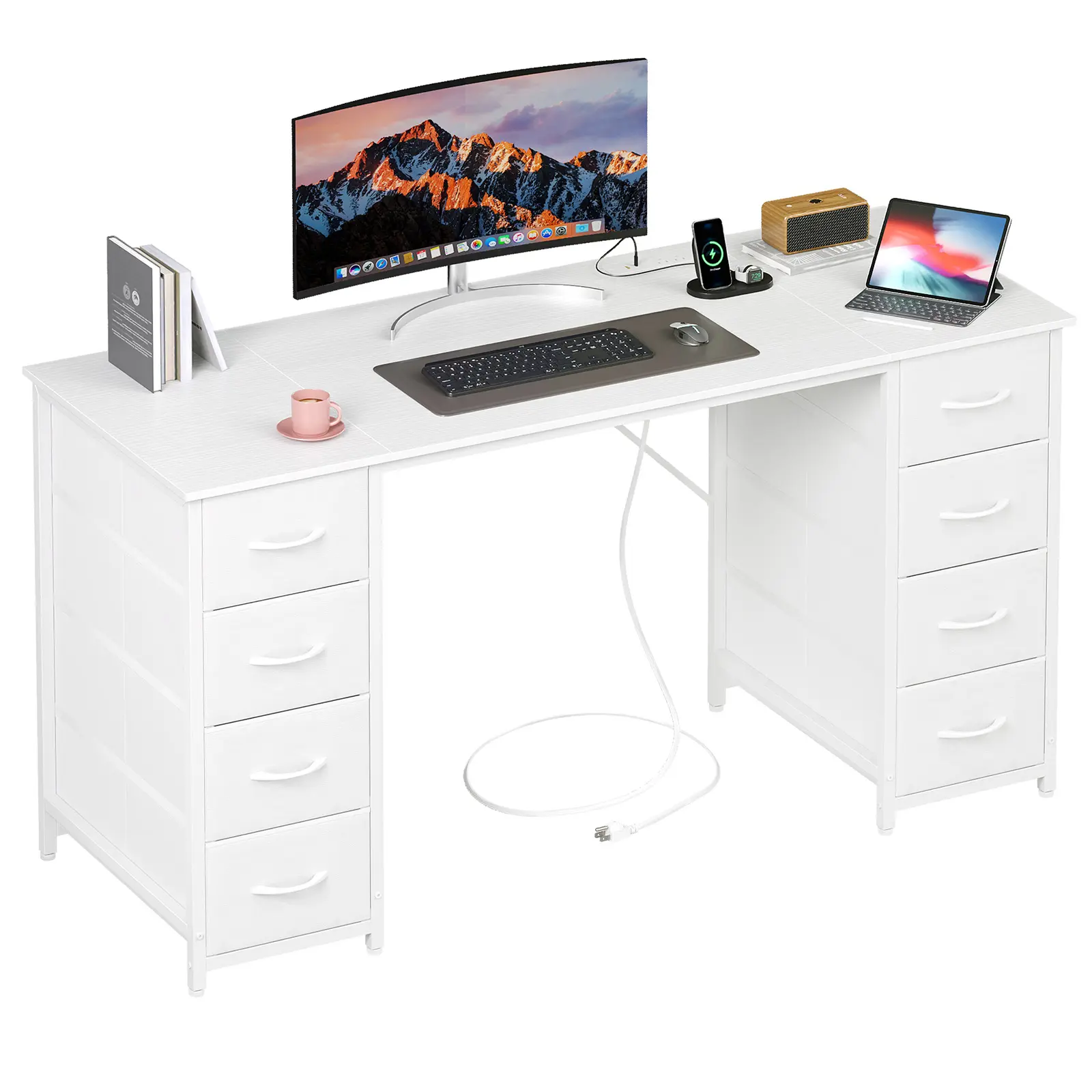 Somdot Modern 55-in Rectangular PU Leather Home Office Computer Desk with 8 Fabric Drawers, Charging Station, Power Outlets, USB Port, Metal Legs – PC Gaming, Study Writing Table for Bedroom