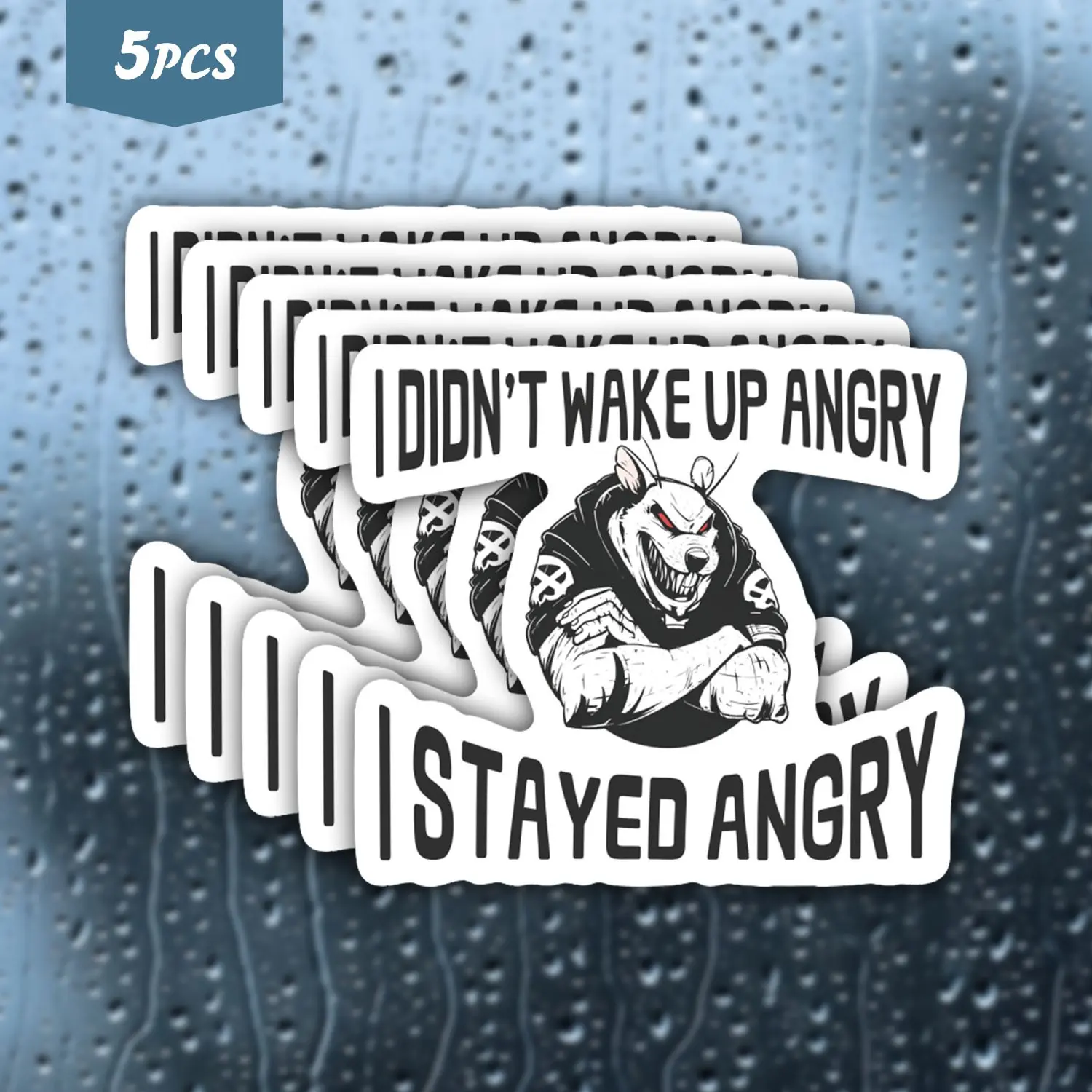 5Pcs Angry Rat "I Didn't Wake Up Angry I Stayed Angry" Waterproof Vinyl Sticker, Self-Adhesive Single-Use Decal, Suitable For Water Bottles, Laptops, Toolboxes, Ideal For Edgy Humor, No-Nonsense Vibe And Whimsical Character Enthusiasts