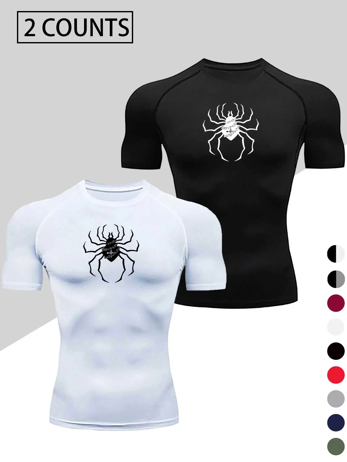 2-Pack Men's Quick-Dry Muscle Support T-Shirt Set, Chain Spider Pattern, High Stretch Breathable Sports Shirt, Fitness Training Wear, Fitness Sport Outfits, Fitness Clothing, Suitable for Gym Running Cycling Yoga Martial Arts Training