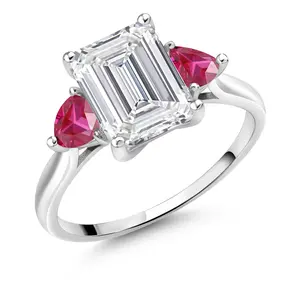 3.54 Cttw 10K White Gold IGI Certified VS Lab Grown Diamond & Red Created Ruby 3 Stone Engagement Ring For Women | Center Emerald Cut Diamond 3 Ct | 4MM Trillion Created Ruby