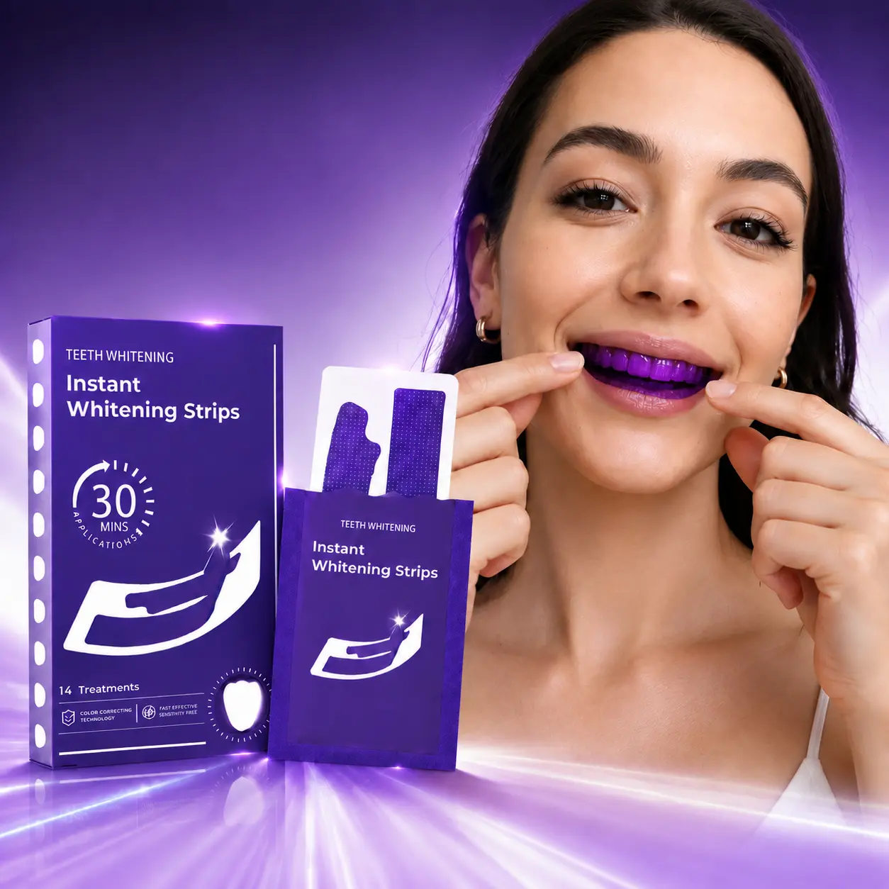 Purple Teeth Whitening Strips 28 PCS, Peroxide Free Enamel Safe Strips for Sensitive Teeth, Tooth Stain Remover Whitening Kit, No Pain Yellow Stain Treatment easy rinse