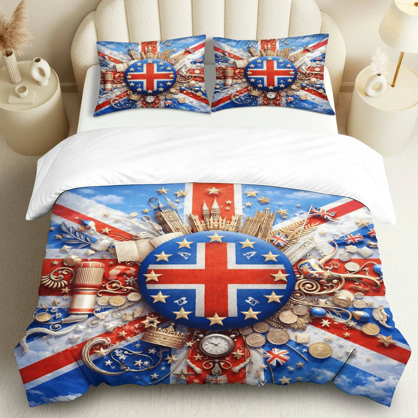 3PCS Duvet Cover Set, 1 Duvet+2 Pillowcases(Without filler), British Vintage Royal Travel Iconic Souvenir theme, Christmas bedding set, Union Jack Queen London Suitable for decoration bedroom, guest room, hotel, lounge.
