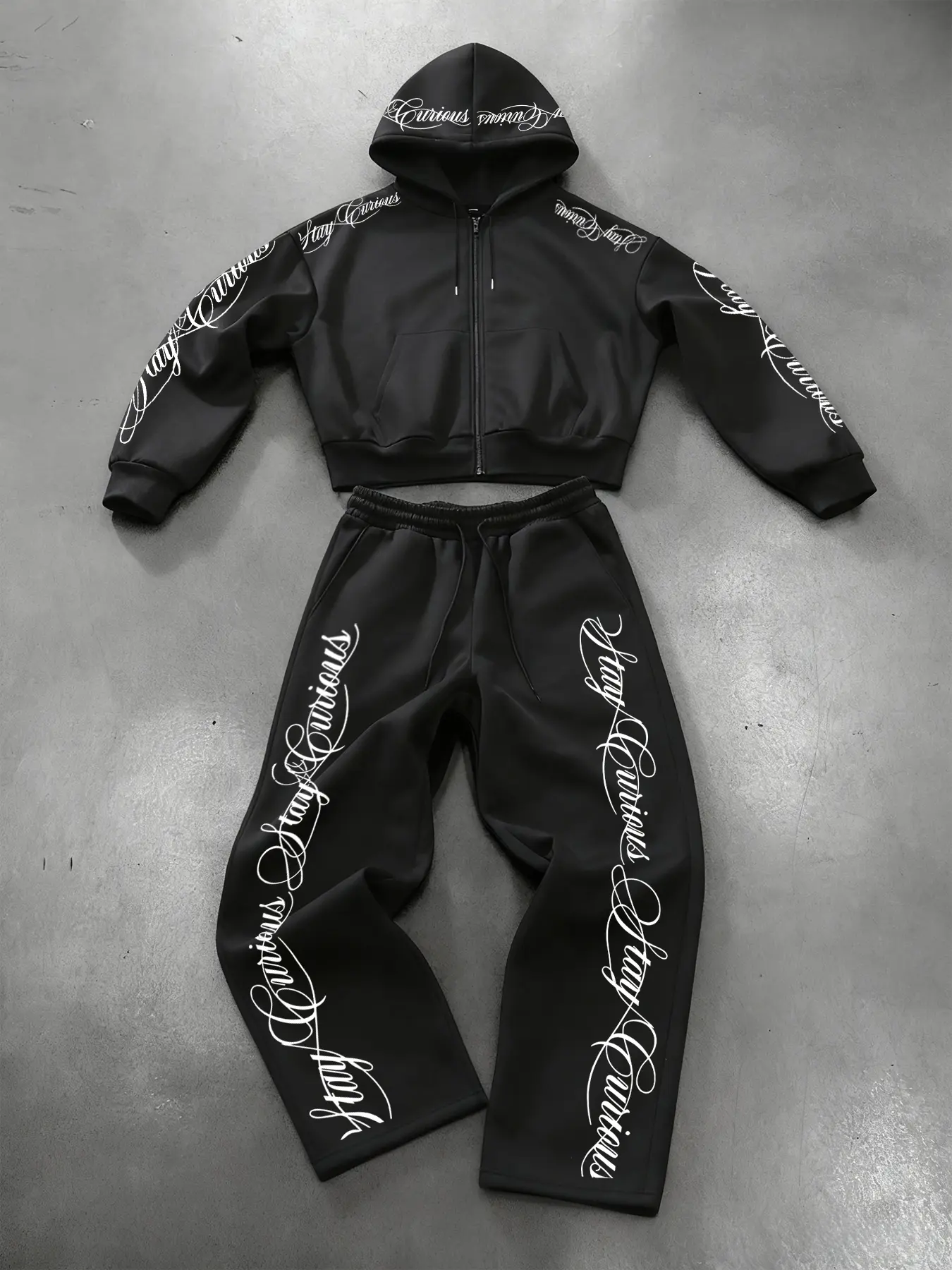 Men's Zipper Hoodie Set with Casual Straight Leg Pants, Stay Curious Handwriting Gothic Street Style, Loose Trendy Leisure Wear