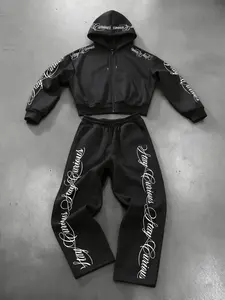 Men's Zipper Hoodie Set with Casual Straight Leg Pants, Stay Curious Handwriting Gothic Street Style, Loose Trendy Leisure Wear
