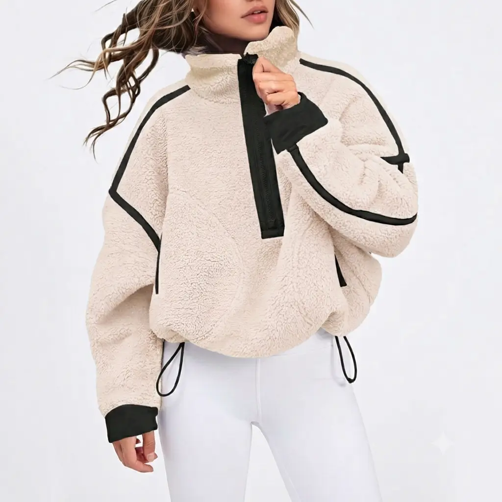 Bienmorn Women's Half Zip Sherpa Pullover Fleece Jacket Oversized Fuzzy Soft Cozy Winter Warm Coat Contrast Trim Pockets Athleisure Travel