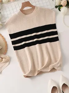 Women's Classic Striped Round Neck Sleeveless Knit Sweater Vest, Spring & Fall Casual Fashion, Loose-Fitting for Daily Wear