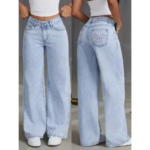 [MS]Trendy Embroidered Back Pocket Wide-Leg Jeans with an Elastic Waistband for Teenage Girls. Fashion Fit convertible Pants Womenswear baggy jeans 90s outfits Bottoms Loose