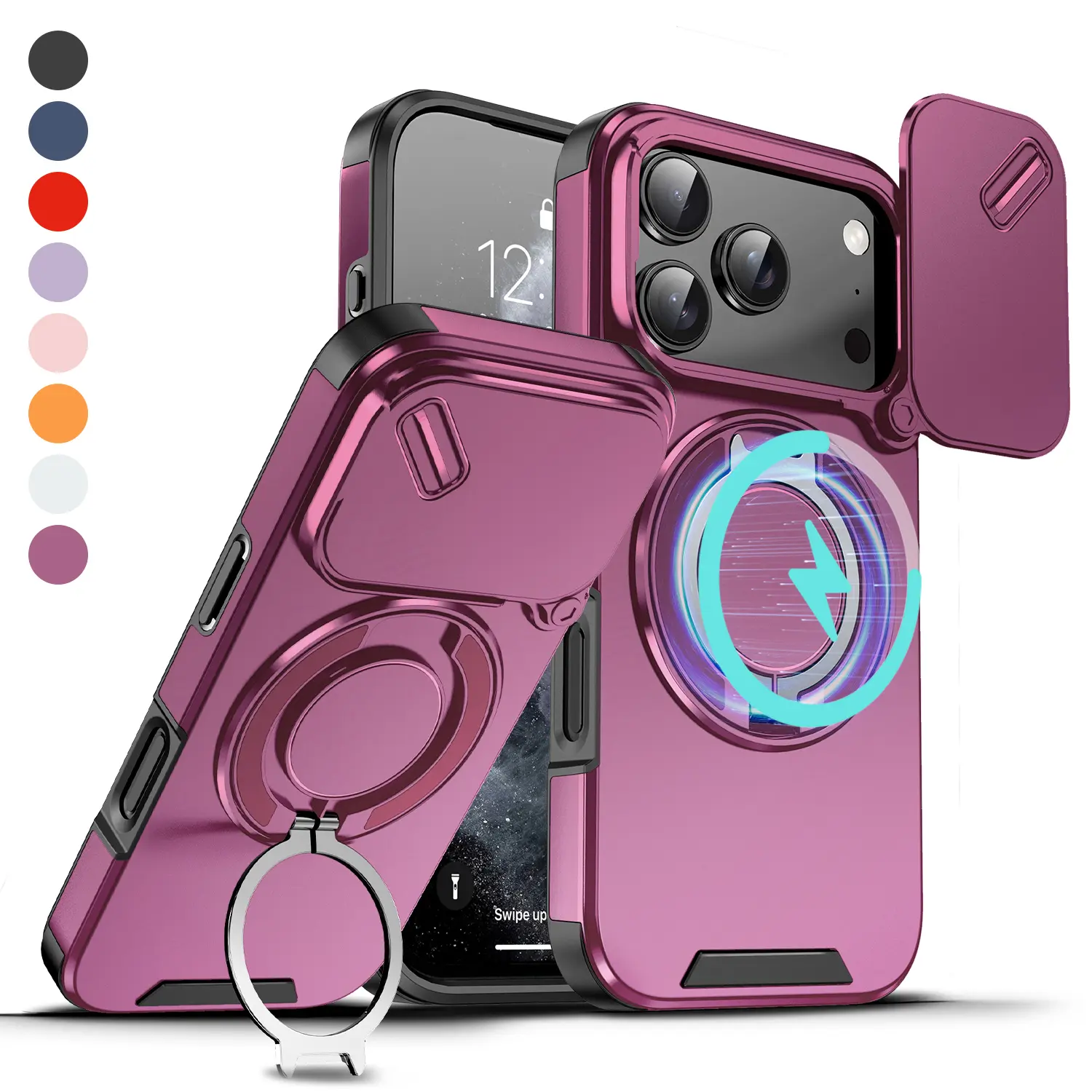Oceantree Magnetic Snap-On Protective Case for iPhone 17 Pro Max,16,15,14,13,12 - Military Test Certified, 360° Stand Rotate Holder, Slide Cover Camera Lens Protector, Anti-Fingerprint, Shockproof, Car Mount Compatible Phone Accessory