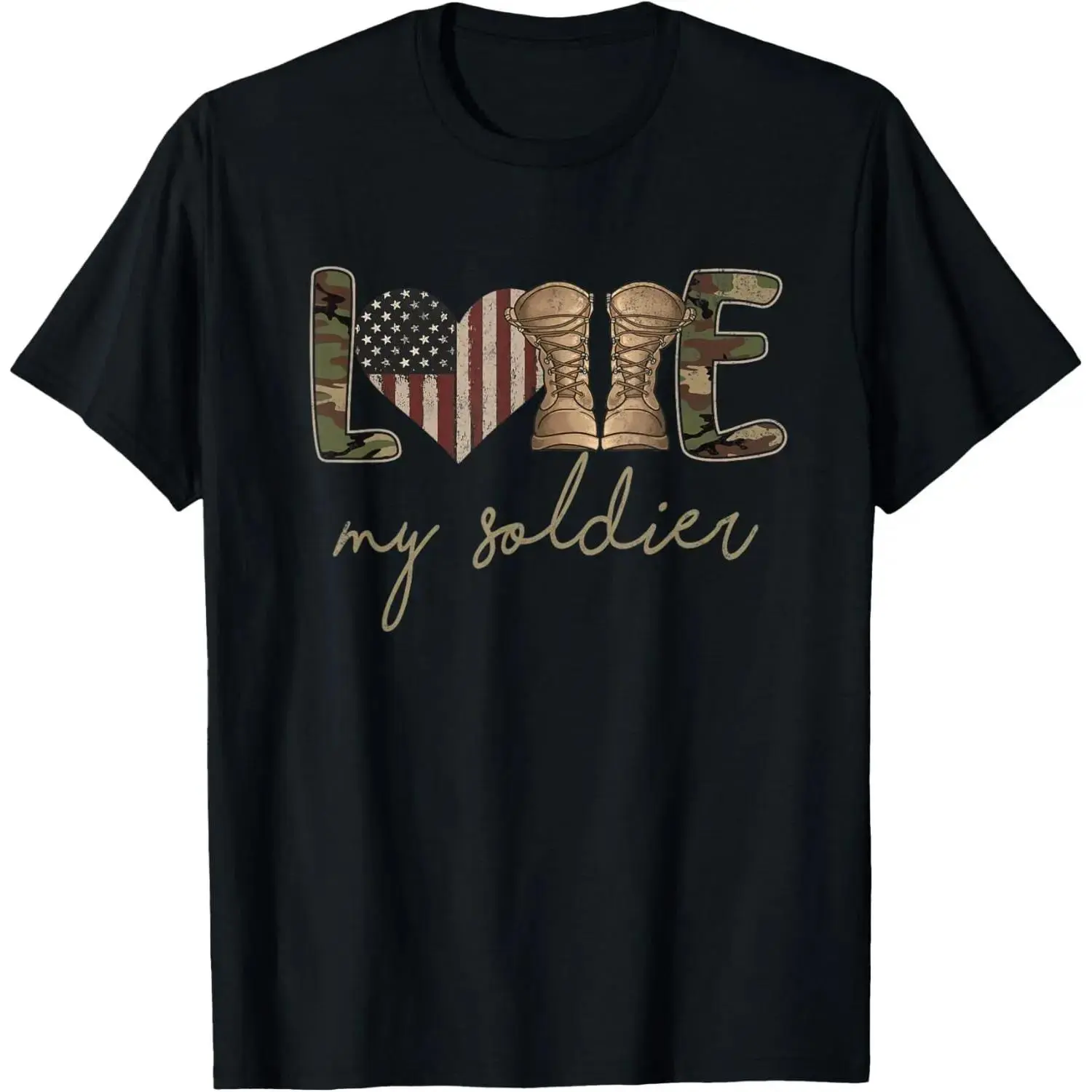 Women's Cotton T-shirt, I Love My Soldier Design, Camouflage USA Flag Print, Street Fashion, US Pride, All Seasons Top, Casual, Tops, Shortsleeve, Graphic, Camo Print, Long-Lasting Stitch, Breathable Cotton, Crew Neck