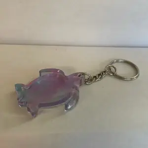 Handcrafted Clear Purple Blue One and a Half Inch Resin Turtle Keychain with Durable Metal Ring