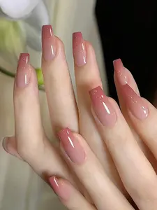 24Pcs Medium Size Coffin Shaped False Nails With Peach Ombre Gradient Design, Includes 1Pc Jelly Gel And 1Pc Nail File, Suitable For Music Festival Party, Dancing, Daily Wear, Removable And Reusable Press On Nails Nail Supplies Nails
