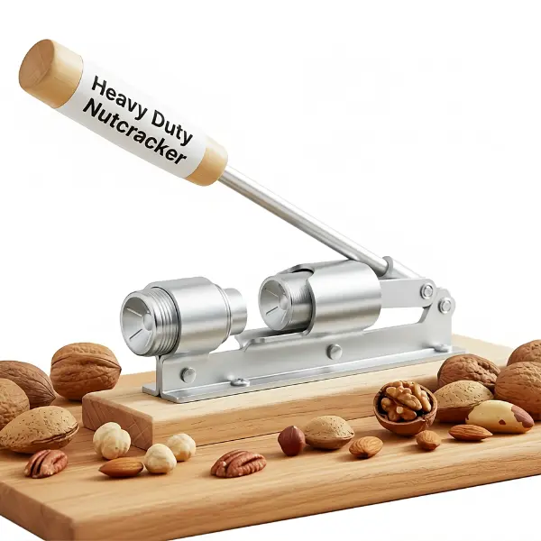 Heavy Duty Metal Nutcracker - Thick Cone Design, Lever Principle Adjustable Sheller for Pecans, Walnuts, Sturdy Steel Construction, Stylish Wooden Base Kitchen Utensil with Chopping Board Compatibility