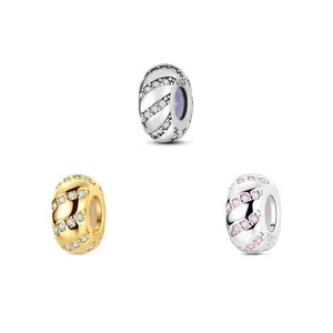 MULA 925 Silver Plated Gold Clip Pendant with Sparkling CZs - Geometric Spacer Beads, Compatible with Pandora Bracelets and Necklaces - Elegant Gift for Women, Mom, Anniversary