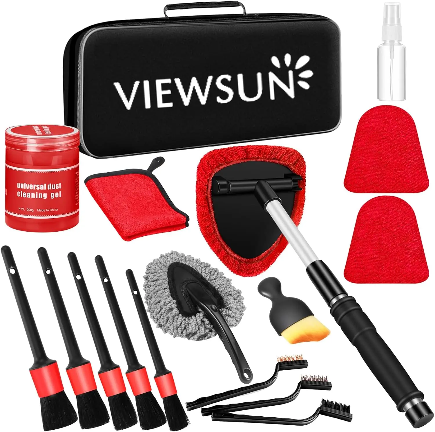 【summerfinds】Viewsun Windshield Cleaner Tool, 17Pcs Red Car Interior Cleaning Kit, Car Detailing Kit Interior Cleaner, Car Detailing Brushes, Car Cleaning Gel, Inside Cleaning Supplies Accessories for Women Girls
