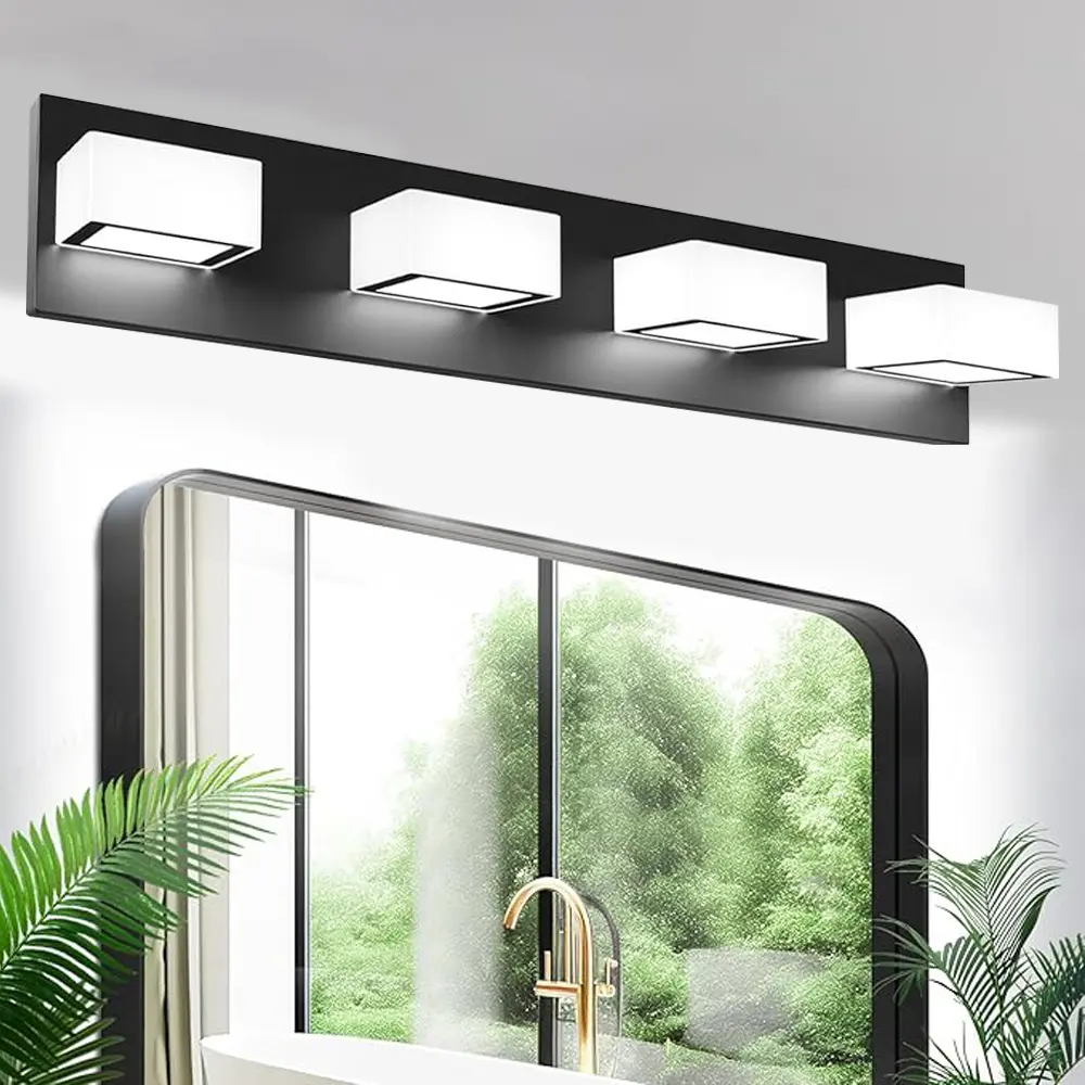 Modern Matte Black 4-Light LED Bathroom Vanity Light, Acrylic Shade Wall Mount Bathroom Lighting Fixture for Mirror Cabinet