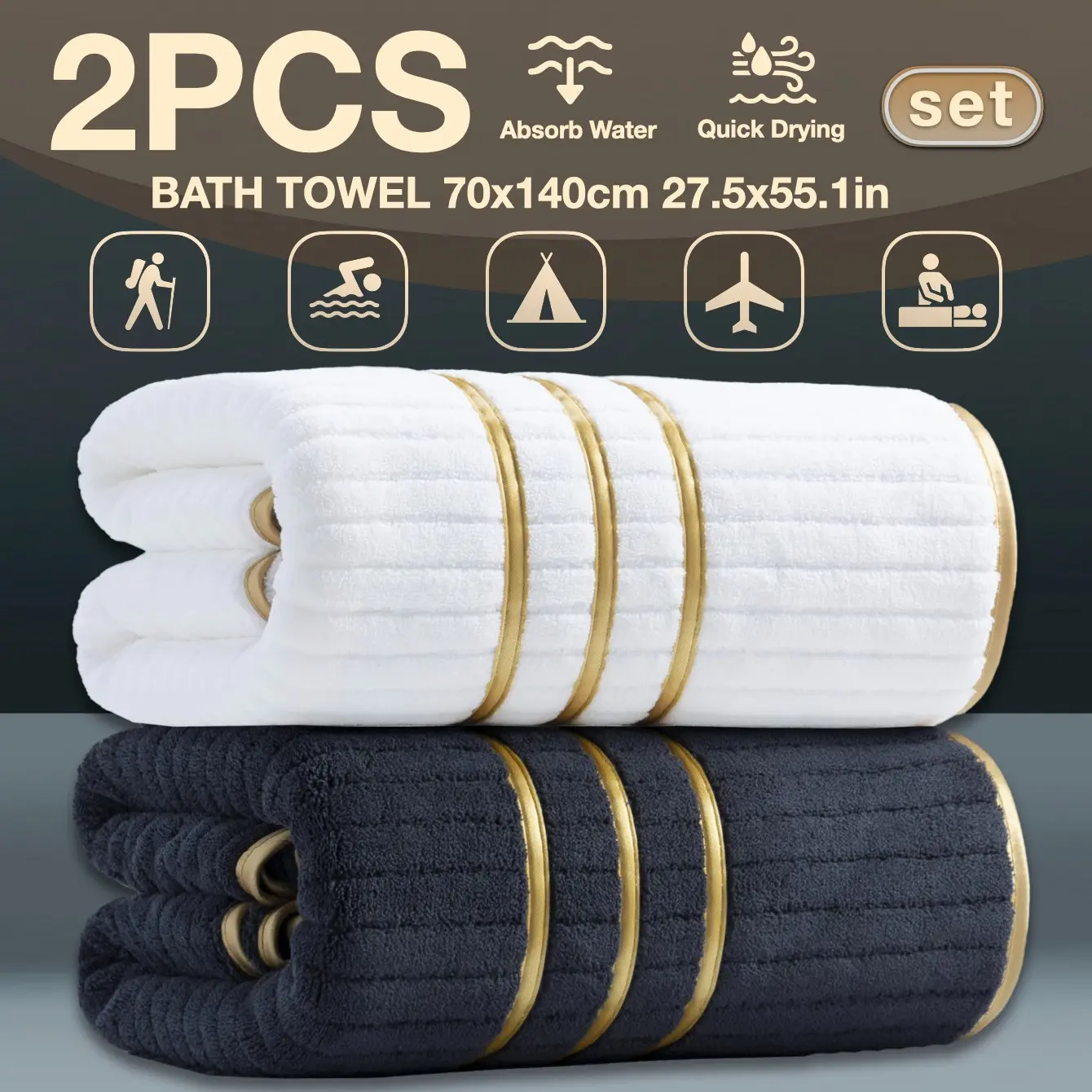 2-Pack Luxury Minimalist Gold Trim Embroidered Bath Towels, High-Density Ultra-Fiber Absorbent Soft Quick-Dry, Hotel Quality, Essential for Home/school/gym/spa