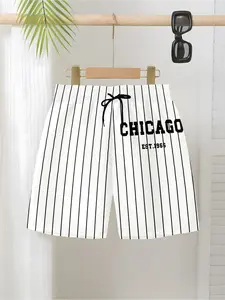 Trendy Chicago Style Men's Shorts, Vertical Stripe Baseball Design, Drawstring Waist, Casual Sport Knee-Length Five-Pocket Pants