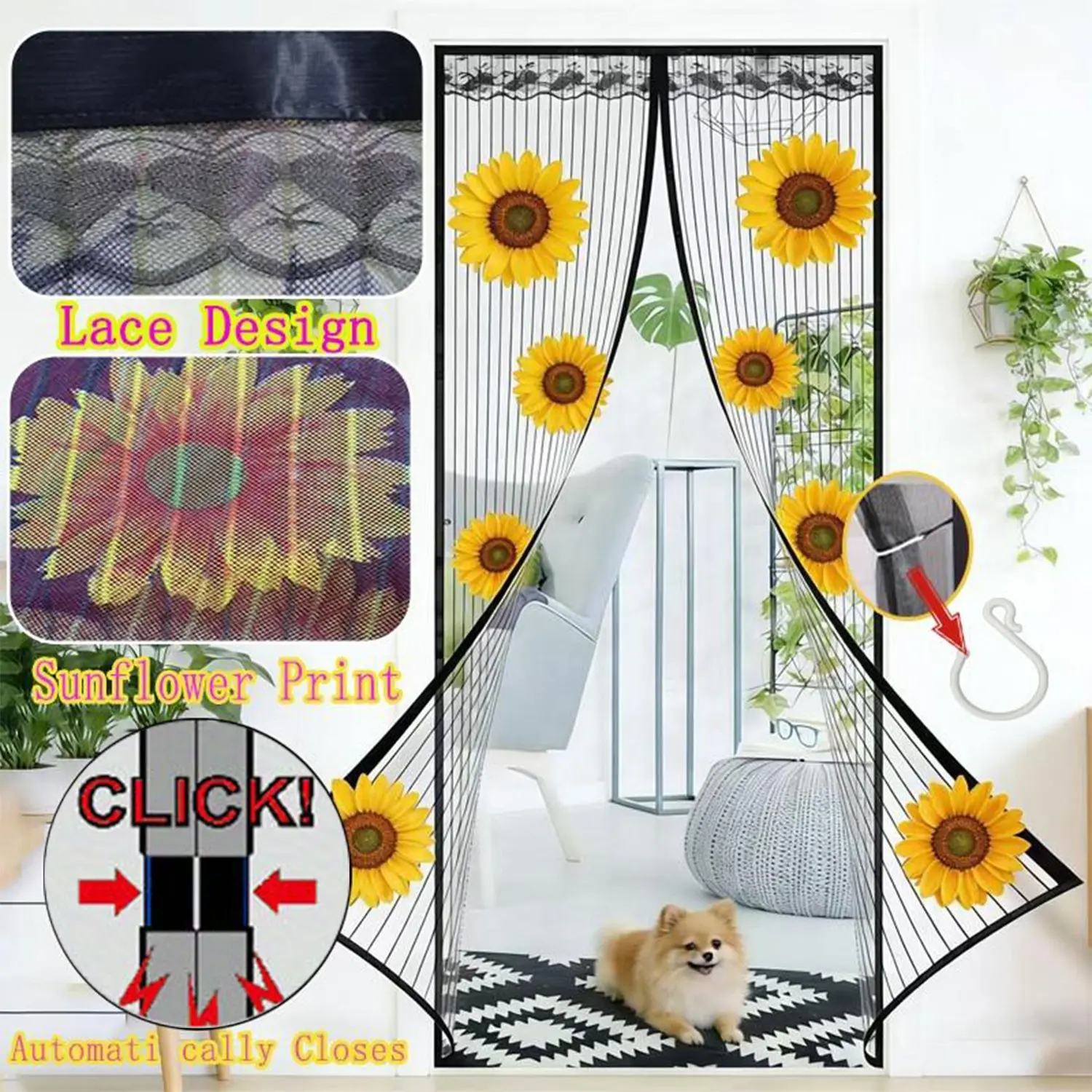 Magnetic Closure Decorative Curtain Door Cover, Automatic Closing, Mosquito Proof & Breathable, Sunflower Print, Lace Edge, Pet Friendly, Aesthetic, Fits Various Doors