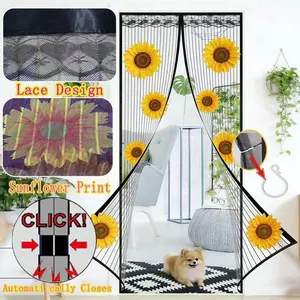 Magnetic Closure Curtain Door Cover, Automatic Closing, Mosquito Proof & Breathable, Sunflower Print, Lace Edge, Pet Friendly, Fits Various Doors