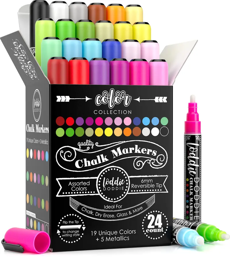 Loddie Doddie 24ct Chalk Markers - Color Collection - Erases Completely on Non-Porous Surfaces, Windows and Glass | 6mm Reversible Bullet & Chisel Tip