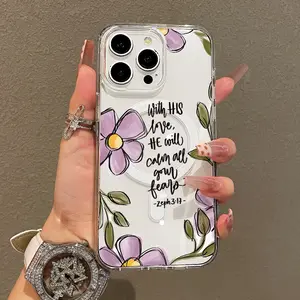 Soft Girl Magnetic Case for iPhone11/12/13/14/15/16/17/promax, Purple Flowers with Bible Verse Lightweight, Drop-Proof, MagSafe Compatible | Perfect for Teen Girls