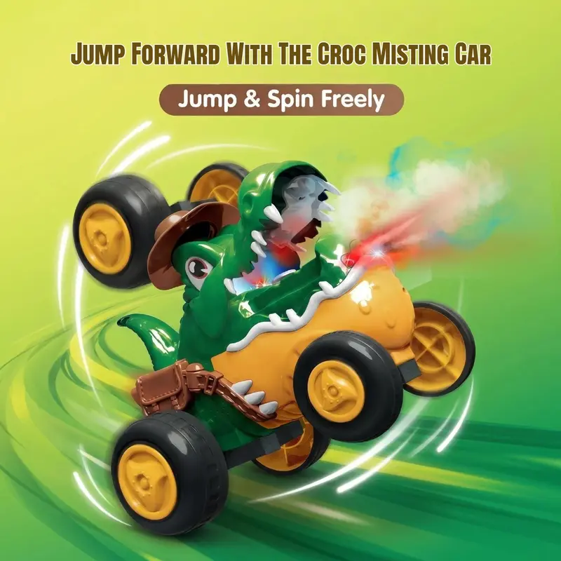 Kid's Electric Crocodile Jumping Car Toy - Mist Spray, Light & Music, Stunt Actions, Jump Forward, 1-Click Demonstration, Upright Walking, Floor-Friendly Wheels, 30+ Mins Playtime rc cars rc