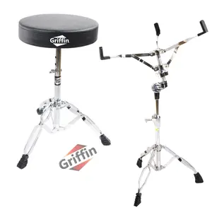 Snare Stand & Drum Throne 2-PACK Set by GRIFFIN | Percussion Chrome Hardware Kit & Double Braced Light-Weight Mount for Standard Snares, Tom-Toms & Practice Pad | Slip-Proof Gear Tilter & Clamp Holder