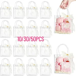 10/30/50 PCS Clear Plastic Gift Bags with Handles, 5.9 x 6.3 x 2.8 Inches Reusable Party Favor Bags with Ribbon Goody Bags Transparent Gift Wrap Bags Bulk Party Favor Packs for Weddings Birthdays Gift Packaging